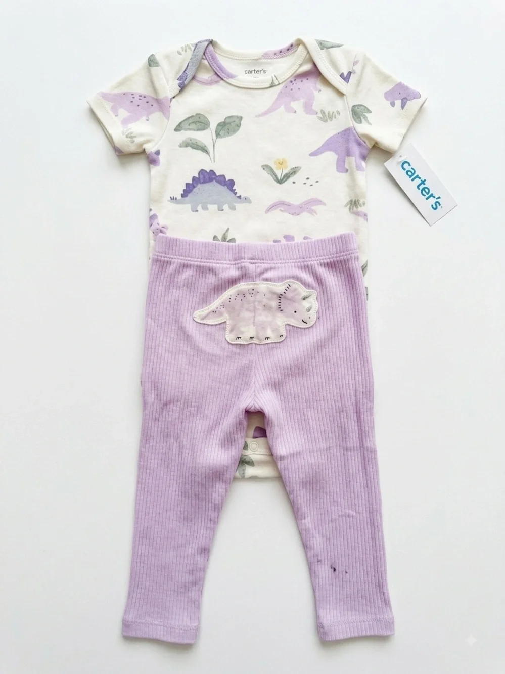Carter's Lavender Ribbed Pants with Dino Applique & Cream Dino Print Bodysuit